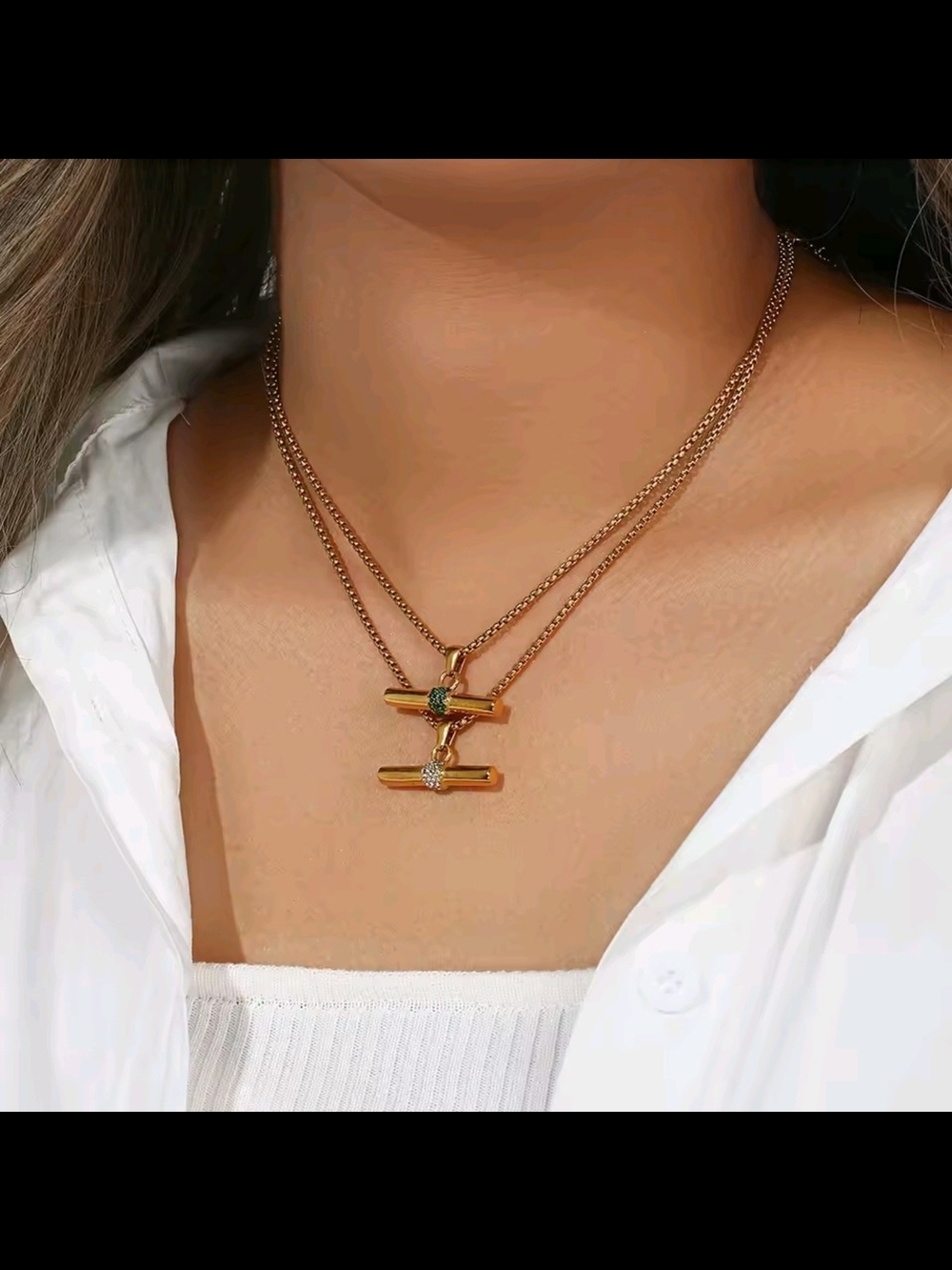 Gold Bar Pendant Necklace with Green Accent - Picture 8 of 14